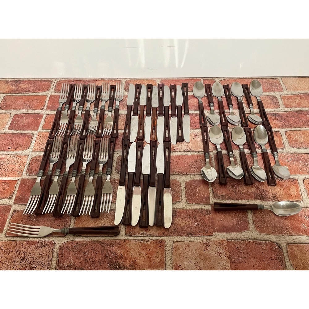 Vintage Stanhome Stainless Flatware Brown Cutout Handle Mid Century 41 Piece Set
